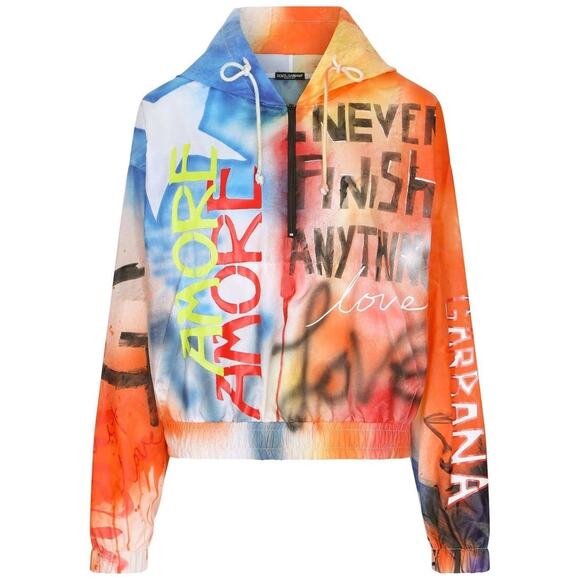 NWT Dolce & Gabbana Graffiti-print Hooded Windbreaker Jacket Orange IT 38 US XS - Picture 1 of 6